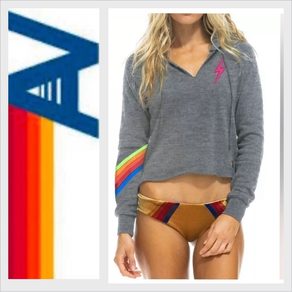 Aviator Nation Heather Gray Cropped Hoodie with Rainbow Sleeve & Pink Bolt